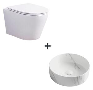 Set vas wc rimless cu capac soft close Oslo plus lavoar baie rotund cu efect marmura