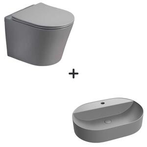 Set vas wc rimless cu capac soft close Alfonzo plus lavoar baie oval cu orificiu baterie gri mat