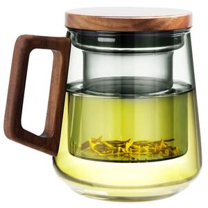 Cana cu infuzor, Quasar & Co.®, recipient pentru ceai/cafea, capac si maner, 500 ml, sticla borosilicata/lemn acacia, gri grafit