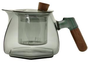 Ceainic, Quasar & Co.®, recipient pentru ceai/cafea cu infuzor, capac si maner, 600 ml, sticla borosilicata/lemn nuc, gri grafit