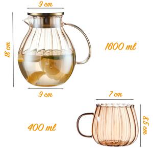 Set ceainic cu 4 cani, Quasar & Co.®, cu filtru, capac, 1600 ml/4x400 ml, sticla borosilicata/otel inoxidabil, amber