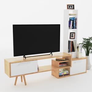 Comoda TV, Quasar & Co.®, mobilier living, 169.6 x 29.5 x 133 cm, MDF, alb/stejar natural