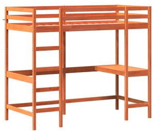 Cadru pat supraetajat cu birou, maro, 90x200 cm, lemn masiv pin