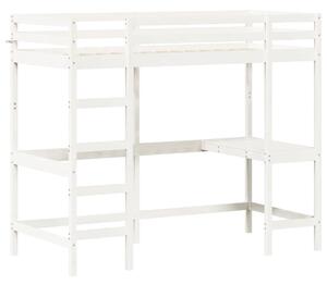 Cadru pat supraetajat cu birou, alb, 90x200 cm, lemn masiv pin