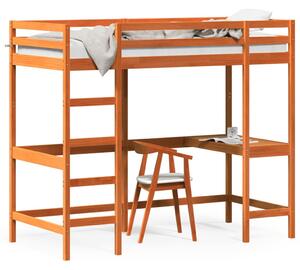Cadru pat supraetajat cu birou, maro, 90x200 cm, lemn masiv pin