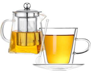 Set ceainic cu ceasca, Quasar & Co.®, cu infuzor, capac, cana pereti dubli, 1 farfurioara, 1 lingurita, 350 ml/250 ml, sticla, transparent
