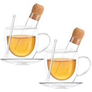 Set ceai, Quasar & Co.®, cu 2 cesti cu pereti dubli, 2 farfurioare, 2 lingurite, 2 infuzoare, 250 ml, sticla, transparent