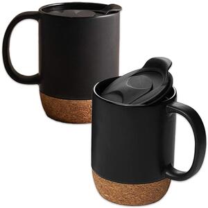 Set 2 cani cafea/ceai, Quasar & Co.®, pretabile voiaj/calatorie, cu capac to go, baza de pluta, ceramica, 400 ml, negru