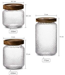 Set 3 recipiente depozitare alimente, Quasar & Co.®, suprapozabile, 350ml/600ml/775ml, sticla termorezistenta/lemn acacia