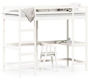 Cadru pat supraetajat cu birou, alb, 90x190 cm, lemn masiv pin