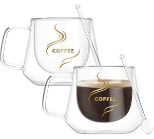 Set 2 cesti cafea cu pereti dubli cu 2 lingurite, Quasar & Co.®, 200 ml, termorezistenta, model rotund, mesaj COFFEE, transparent