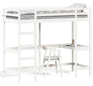 Cadru pat supraetajat cu birou, alb, 75x190 cm, lemn masiv pin