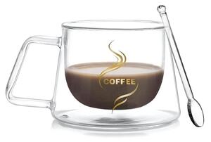 Set 4 cesti cu pereti dubli si 4 lingurite, Quasar & Co.®, model COFFEE, termorezistente, lingurita ceai/cafea, 200 ml, sticla, transparent