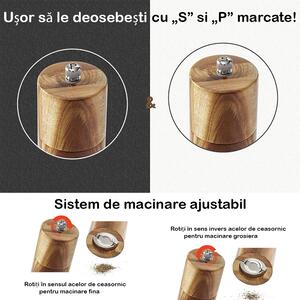 Set 2 rasnite sare/piper, Quasar & Co.®, mecanism ceramic, sistem de macinare ajustabil, lemn salcam, 21.5 x 5 cm, mahon