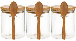 Set 3 recipiente depozitare alimente cu capac si lingurita bambus, Quasar & Co.®, etans, rotund, sticla, 450 ml, transparent