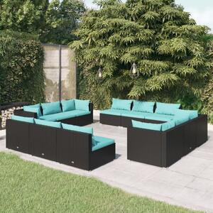 Set mobilier de grădină cu perne, 12 piese, negru, poliratan