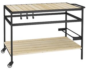 Outsunny Cărucior cu Roți din Lemn cu 2 Rafturi, 3 Cârlige, Blat cu Lamele și Mâner 107x65x80 cm Natural | Aosom Romania