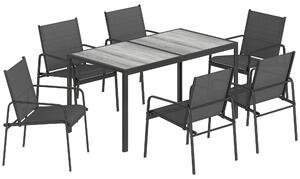 Outsunny Set de Prânz pentru Exterior, 7 Piese pentru 6 Persoane, Masă cu Efect de Lemn și Scaune cu Șezut Respirabil, Set Mobilier de Grădină cu Cadru din Oțel Galvanizat, Negru | Aosom Romania