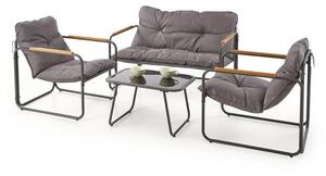 Set gradina HUDSON, gri/negru, stofa clasica/plasa/metal/sticla, cu masuta, 2 scaune si canapea