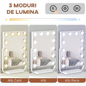 HOMCOM Oglindă de Masă pentru Machiaj, Stil Hollywood cu Iluminare LED Reglabilă, 12 Lumini, Alb | Aosom Romania