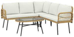 Outsunny Set Mobilier Grădină din Ratan, 4 Piese în Formă de L, cu 2 Canapele, Colțar, Măsuță de Cafea și Perne, Cadru din Oțel, pentru Balcon sau Terasă, Natural/Crem | Aosom Romania