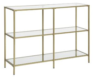 Masa consola, cu 3 rafturi, cu cadru metalic gold auriu si sticla securizata, modern, pentru hol, camera de zi, dormitor, auriu, 100 x 30 x 73 cm, VASAGLE