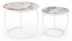 Set 2 masute cafea INES, bej cu efect de marmura/alb, ceramica/metal