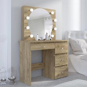 SEM528 - Set Masa toaleta, 94 cm, moderna cosmetica machiaj oglinda, masuta vanity cu manere tip Cristal, oglinda 8 LED, cu sau fara scaun - culoarea Stejar