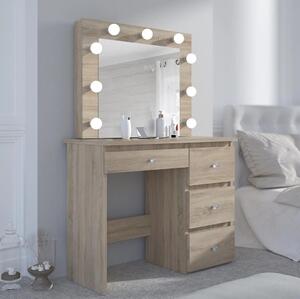 SEM529 - Set Masa toaleta, 94 cm, moderna cosmetica machiaj oglinda, masuta vanity cu manere tip Cristal, oglinda 9 LED, cu sau fara scaun - Sonoma