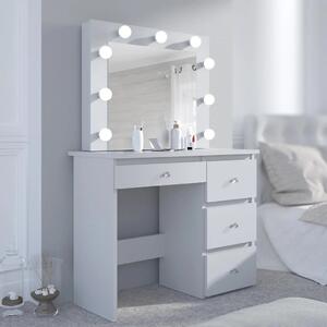 SEA550 - Set Masa toaleta, 94 cm, moderna cosmetica machiaj oglinda, masuta vanity cu manere tip Cristal, oglinda 9 LED, cu sau fara Priza, cu sau fara scaun - Alb