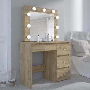 SEM530 - Set Masa toaleta, 94 cm, moderna cosmetica machiaj oglinda, masuta vanity cu manere tip Cristal, oglinda 9 LED, cu sau fara scaun - culoarea Stejar