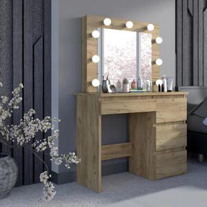 SEM526 - Set Masa toaleta, 94 cm, moderna cosmetica machiaj oglinda, masuta vanity, oglinda 9 LED, cu sau fara scaun - culoarea Stejar