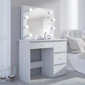 SEA549 - Set Masa toaleta, 94 cm, moderna cosmetica machiaj oglinda, masuta vanity cu manere tip Cristal, oglinda 8 LED, cu sau fara Priza, cu sau fara scaun - Alb