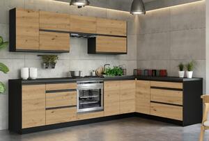 KONDELA Mobilier de bucătărie universal de colţ 300x180, stejar artizan/negru, BRECK