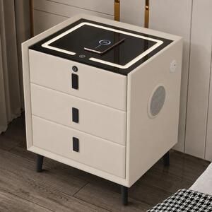 RESIGILAT- Noptieră inteligentă multifuncțională, 3 sertare, blocare cu amprentă, LED-uri tactile, 3 tipuri de culoare, încărcare fără fir, Difuzor Bluetooth, incarcare USB, sticla securizata, Alb