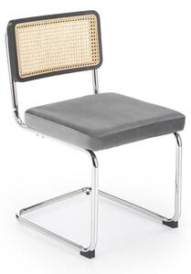 Scaun modern dining, tapiterie catifea, spatar lemn si ratan, otel cromat, 53x60x84x49 cm, gri/maro