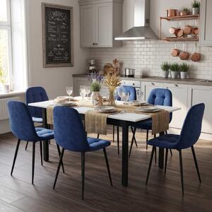 Set Masă Extensibilă Mara Albă 130–170 × 75 cm cu 6 Scaune Gya Albastre, Tapițate, Picioare Metalice Negre