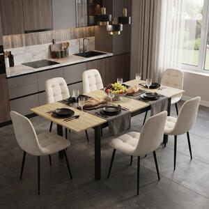 Set Masă Extensibilă Mara Stejar 130–170 × 75 cm cu 6 Scaune Gya Crem, Tapițate, Picioare Metalice Negre