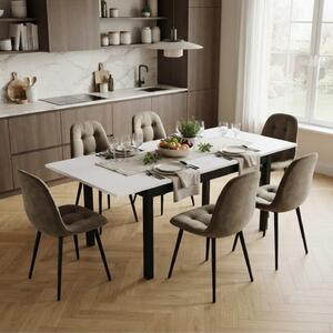 Set Masă Extensibilă Mara Albă 130–170 × 75 cm cu 6 Scaune Gya Maro, Tapițate, Picioare Metalice Negre