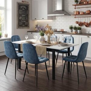 Set Masă Extensibilă Mara Albă 130–170 × 75 cm cu 6 Scaune Gya Turcoaz, Tapițate, Picioare Metalice Negre