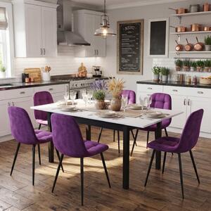 Set Masă Extensibilă Mara Albă 130–170 × 75 cm cu 6 Scaune Gya Mov, Tapițate, Picioare Metalice Negre