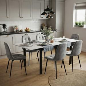 Set Masă Extensibilă Mara Albă 130–170 × 75 cm cu 6 Scaune Gya Gri, Tapițate, Picioare Metalice Negre