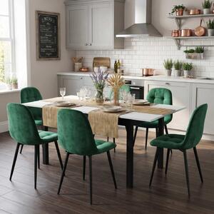 Set Masă Extensibilă Mara Albă 130–170 × 75 cm cu 6 Scaune Gya Verde, Tapițate, Picioare Metalice Negre