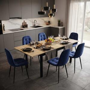 Set Masă Extensibilă Mara Stejar 130–170 × 75 cm cu 6 Scaune Gya Albastre, Tapițate, Picioare Metalice Negre