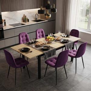 Set Masă Extensibilă Mara Stejar 130–170 × 75 cm cu 6 Scaune Gya Mov, Tapițate, Picioare Metalice Negre