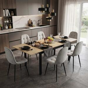 Set Masă Extensibilă Mara Stejar 130–170 × 75 cm cu 6 Scaune Gya Gri, Tapițate, Picioare Metalice Negre