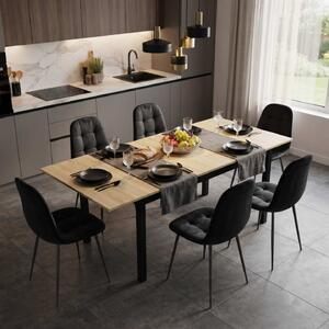 Set Masă Extensibilă Mara Stejar 130–170 × 75 cm cu 6 Scaune Gya Negre, Tapițate, Picioare Metalice Negre