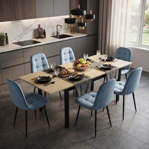 Set Masă Extensibilă Mara Stejar 130–170 × 75 cm cu 6 Scaune Gya Turcoaz, Tapițate, Picioare Metalice Negre