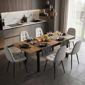 Set Masă Extensibilă Mara Nuc 130–170 × 75 cm cu 6 Scaune Gya Gri, Tapițate, Picioare Metalice Negre