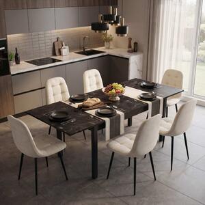 Set Masă Extensibilă Mara Negru Marmorat 130–170 × 75 cm cu 6 Scaune Gya Crem, Tapițate, Picioare Metalice Negre